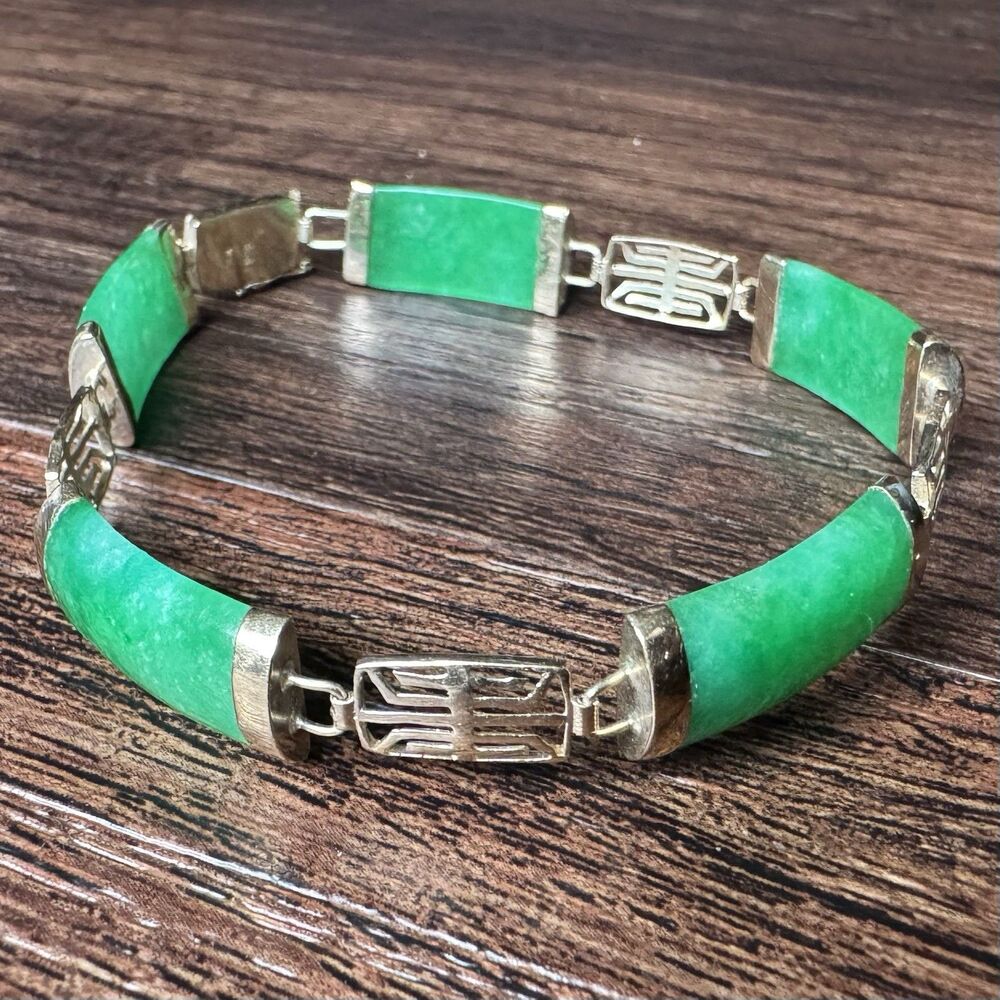 Vintage 14K SOLID GOLD and Green Jadeite Panel Link Bracelet 9.3g, 14kt Yellow